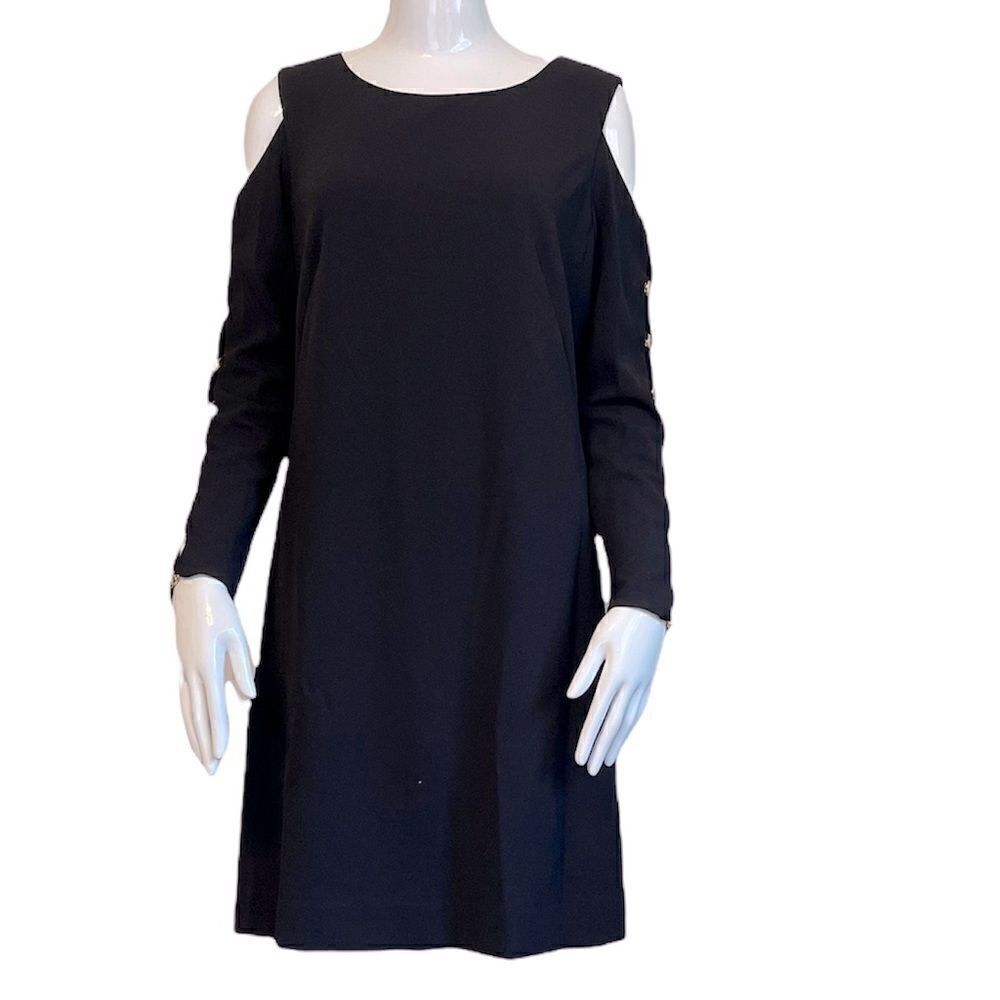 DKNY Cold Shoulder Long Sleeves Details Black Dress.Size 8